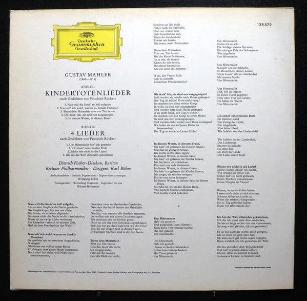 Gustav Mahler - Dietrich Fischer-Dieskau · Karl Böhm · Berliner Philharmoniker : Kindertotenlieder · 4 Rückert-Lieder (LP, RE)