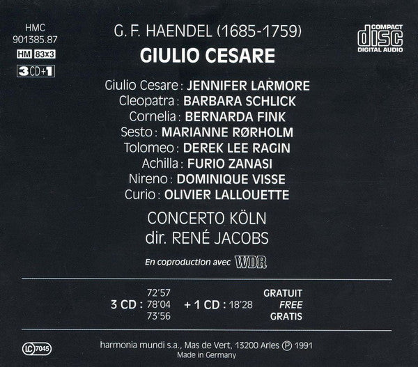 Georg Friedrich Händel - Jennifer Larmore, Barbara Schlick, Bernarda Fink, Marianne Rørholm, Derek Lee Ragin, Furio Zanasi, Dominique Visse, Olivier Lallouette, Concerto Köln, René Jacobs : Giulio Cesare (4xCD, Album + Box, Sli)