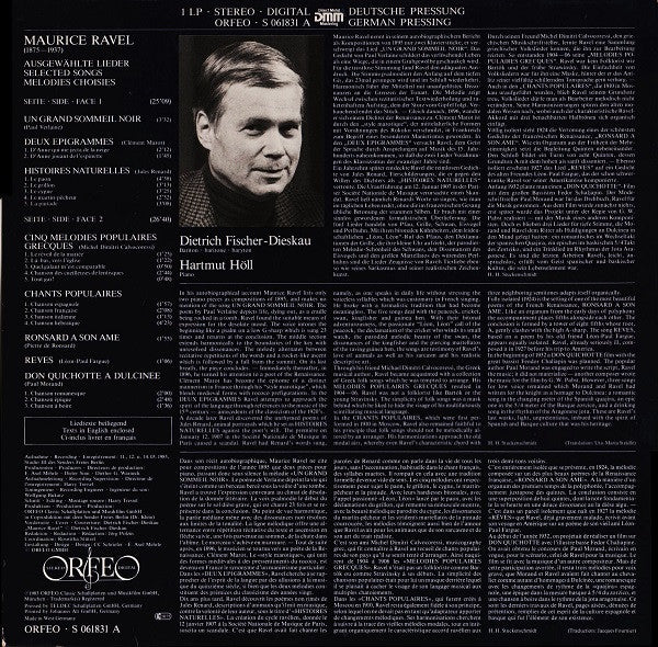 Maurice Ravel - Hartmut Höll Piano Dietrich Fischer-Dieskau : Mélodies ● Lieder (LP)