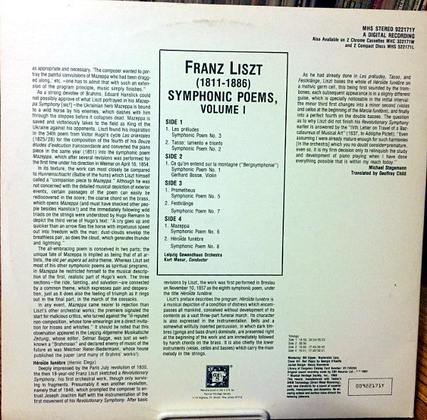 Franz Liszt /  Gewandhausorchester Leipzig, Kurt Masur : Symphonic Poems, Volume I (2xLP, Comp, RE, Gat)