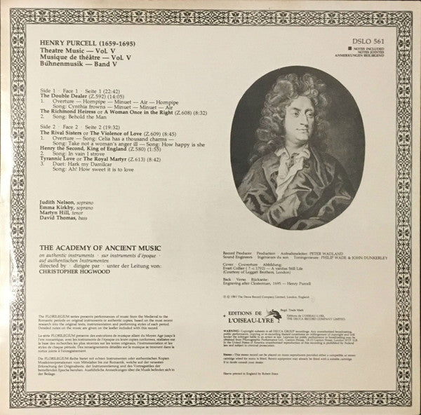Henry Purcell - The Academy Of Ancient Music : Theatre Music Vol. V (The Double Dealer • The Richmond Heiress • The Rival Sisters • Henry The Second • Tyrannic Love) (LP)
