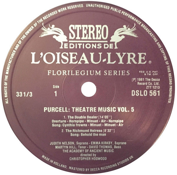 Henry Purcell - The Academy Of Ancient Music : Theatre Music Vol. V (The Double Dealer • The Richmond Heiress • The Rival Sisters • Henry The Second • Tyrannic Love) (LP)