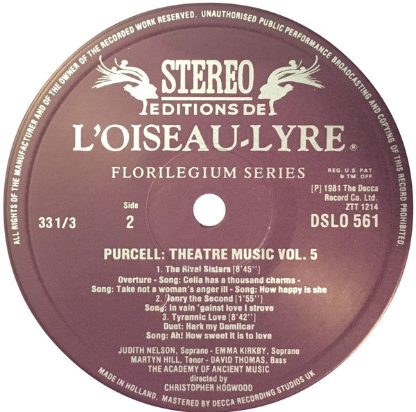 Henry Purcell - The Academy Of Ancient Music : Theatre Music Vol. V (The Double Dealer • The Richmond Heiress • The Rival Sisters • Henry The Second • Tyrannic Love) (LP)