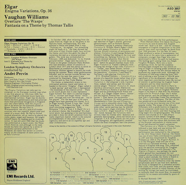 Sir Edward Elgar, Ralph Vaughan Williams, André Previn, London Symphony Orchestra : 'Enigma' Variations / Fantasia On A Theme Of Thomas Tallis / Overture To 'The Wasps' (LP,   F)