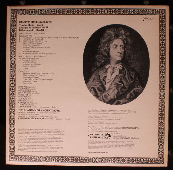 Henry Purcell - The Academy Of Ancient Music : Theatre Music Vol II (Bonduca • Sir Anthony Love • Circe) (LP)