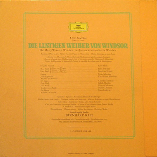 Otto Nicolai - Helen Donath, Edith Mathis, Hanna Schwarz, Kurt Moll, Peter Schreier, Siegfried Vogel, Bernd Weikl - Staatskapelle Berlin With Bernhard Klee - Die Lustigen Weiber Von Windsor (Komische Oper In Drei Akten) vinyl record, 3xLP (Near Mint (NM or M-)) | Lulo Records