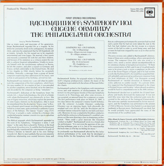 Eugene Ormandy, The Philadelphia Orchestra, Sergei Vasilyevich Rachmaninoff : Symphony No. 1 (LP, Album)