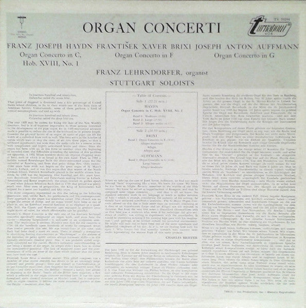 Joseph Haydn, František Xaver Brixi, Joseph Anton Auffmann, Franz Lehrndorfer : Organ Concerti (LP, Album)