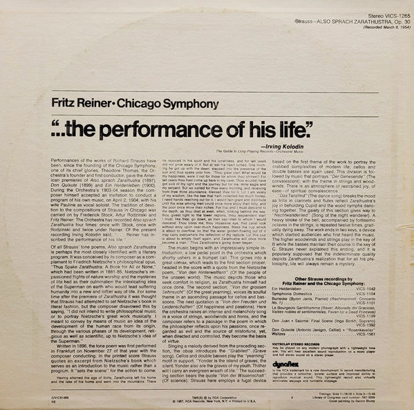 Richard Strauss - Fritz Reiner, Chicago Symphony Orchestra : Also Sprach Zarathustra (Music From "2001") (LP, RE, Ind)