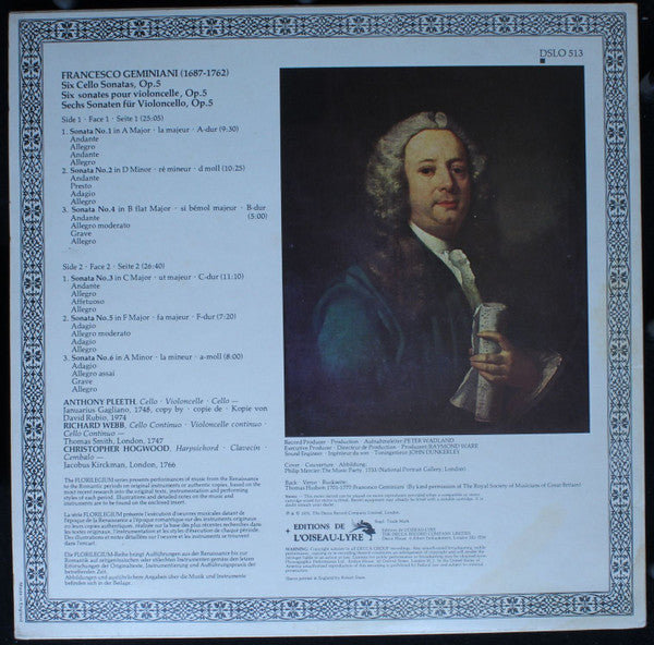 Francesco Geminiani - Anthony Pleeth • Richard Webb, Christopher Hogwood : Six Cello Sonatas, Op. 5 (LP)