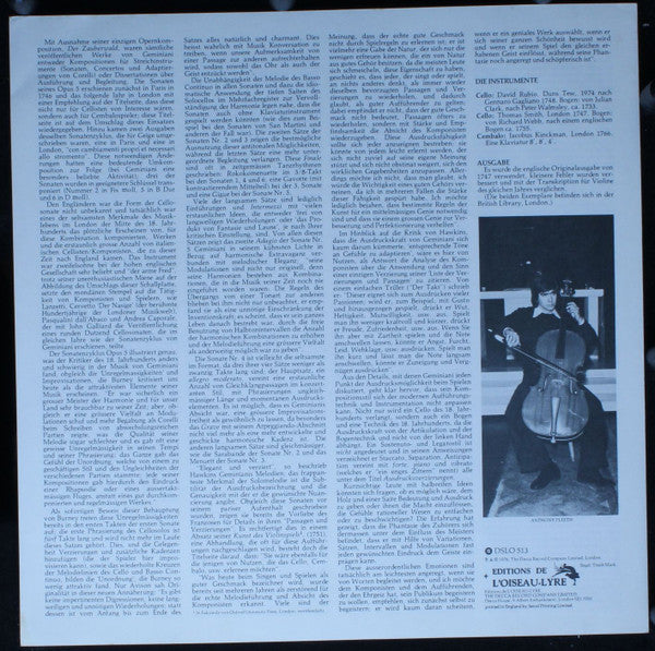 Francesco Geminiani - Anthony Pleeth • Richard Webb, Christopher Hogwood : Six Cello Sonatas, Op. 5 (LP)