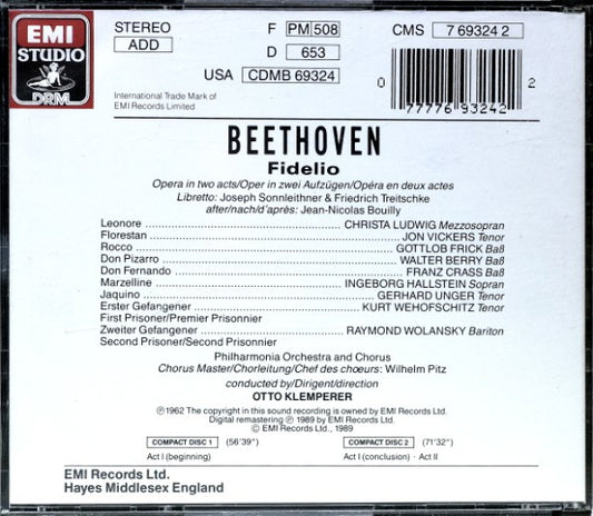 Ludwig van Beethoven - Otto Klemperer, Christa Ludwig, Jon Vickers, Gottlob Frick, Walter Berry, Philharmonia Chorus, Philharmonia Orchestra - Fidelio vinyl record, 2xCD (Near Mint (NM or M-)) | Lulo Records