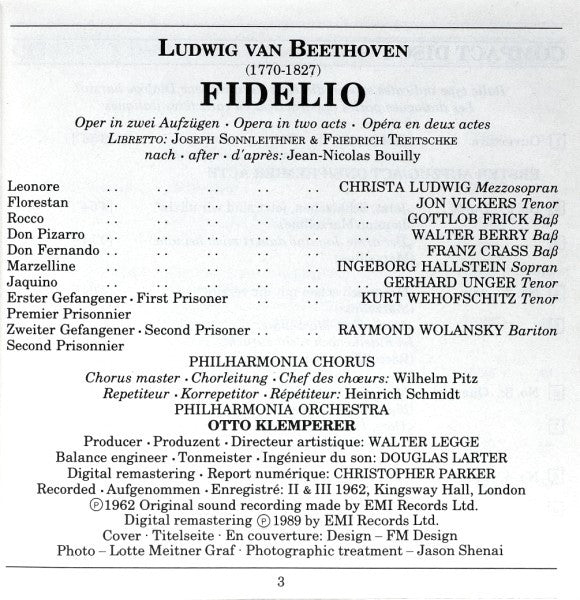 Ludwig van Beethoven - Otto Klemperer, Christa Ludwig, Jon Vickers, Gottlob Frick, Walter Berry, Philharmonia Chorus, Philharmonia Orchestra : Fidelio (2xCD, RM)