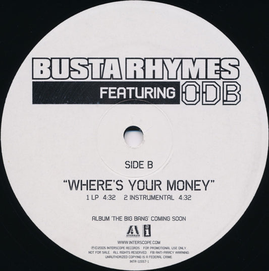Busta Rhymes Featuring Ol' Dirty Bastard - Where's Your Money vinyl record, 12" (Mint (M)) | Lulo Records