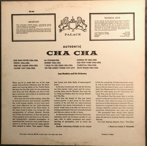 Jose Madeira And His Orchestra : Let's Cha Cha Cha (LP)
