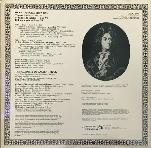 Henry Purcell - The Academy Of Ancient Music • Christopher Hogwood : Theatre Music Vol VI (Theodosius • The Libertine • The Massacre Of Paris • Oedipus) (LP)