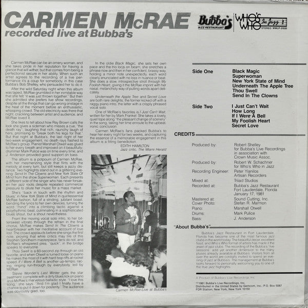 Carmen McRae : Recorded Live At Bubba's (LP, Album)