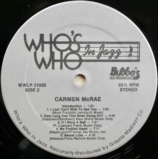 Carmen McRae : Recorded Live At Bubba's (LP, Album)