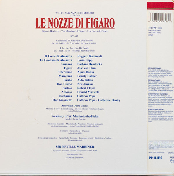 Wolfgang Amadeus Mozart  -  José van Dam, Barbara Hendricks, Ruggero Raimondi, Lucia Popp, Agnes Baltsa, Robert Lloyd (4), Felicity Palmer, Aldo Baldin, The Academy Of St. Martin-in-the-Fields, Sir Neville Marriner : Le Nozze Di Figaro (3xLP + Box)