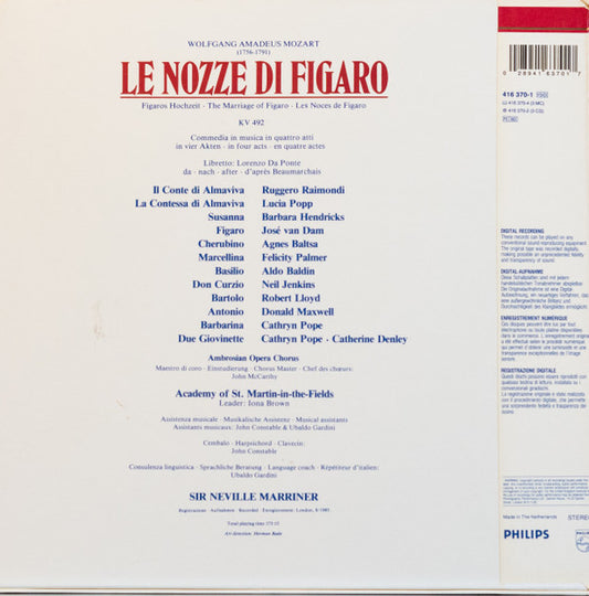 Wolfgang Amadeus Mozart  -  José van Dam, Barbara Hendricks, Ruggero Raimondi, Lucia Popp, Agnes Baltsa, Robert Lloyd (4), Felicity Palmer, Aldo Baldin, The Academy Of St. Martin-in-the-Fields, Sir Neville Marriner : Le Nozze Di Figaro (3xLP + Box)