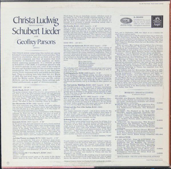 Franz Schubert - Christa Ludwig, Geoffrey Parsons (2) : Schubert Lieder (LP)