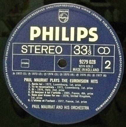Paul Mauriat : Paul Mauriat Plays Eurovision Hits (LP, Album)