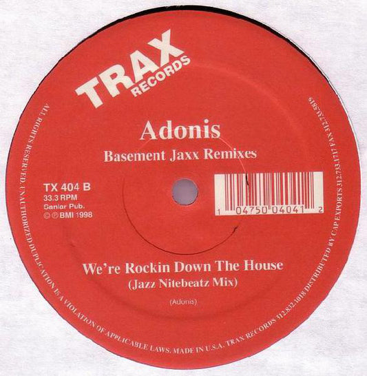 Adonis - We're Rocking Down The House (Basement Jaxx Remixes) vinyl record, 12" (Very Good (VG)) | Lulo Records