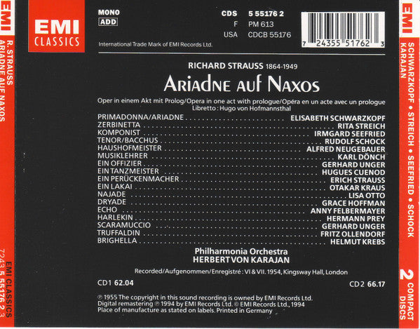 Richard Strauss - Elisabeth Schwarzkopf, Rita Streich, Irmgard Seefried, Rudolf Schock, Hermann Prey, Philharmonia Orchestra, Herbert Von Karajan : Ariadne Auf Naxos (2xCD, Album, Mono, RM + Box, RE)