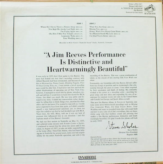 Jim Reeves - A Touch Of Sadness vinyl record, LP (Mint (M)) | Lulo Records