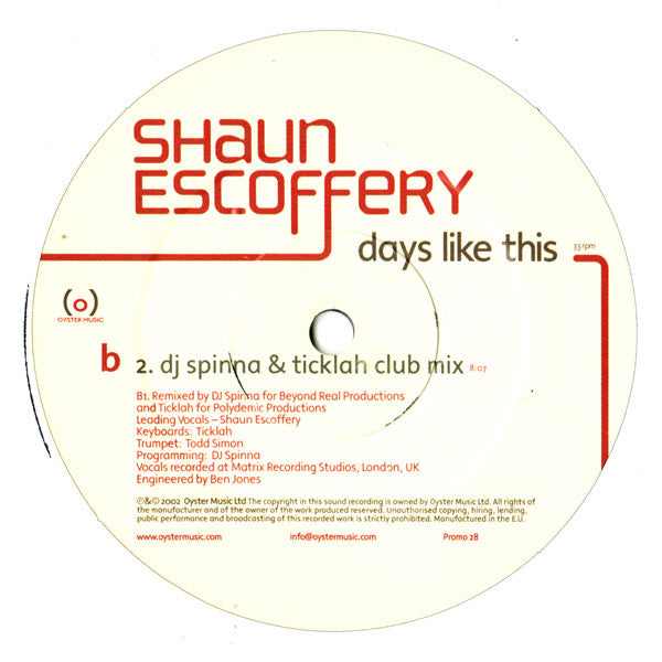 Shaun Escoffery : Days Like This (2x12")
