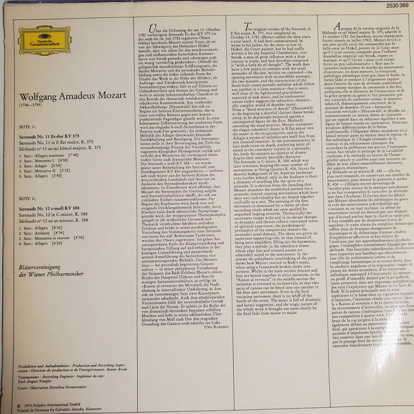 Wolfgang Amadeus Mozart, Bläservereinigung Der Wiener Philharmoniker : Serenaden  Nr. 11 Es-Dur = In E Flat Major / Nr. 12 C-Moll = In C Minor (LP, Album)