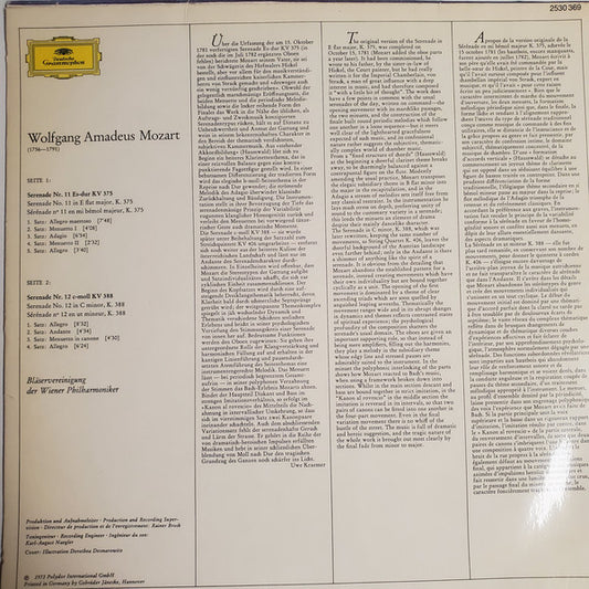 Wolfgang Amadeus Mozart, Bläservereinigung Der Wiener Philharmoniker - Serenaden  Nr. 11 Es-Dur = In E Flat Major / Nr. 12 C-Moll = In C Minor vinyl record, LP (Near Mint (NM or M-)) | Lulo Records