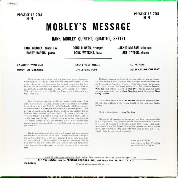 Hank Mobley : Mobley's Message (LP, Album, Mono, RE)