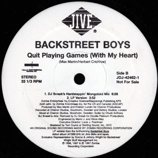 Backstreet Boys - Quit Playing Games (With My Heart) vinyl record, 2x12" (Mint (M)) | Lulo Records