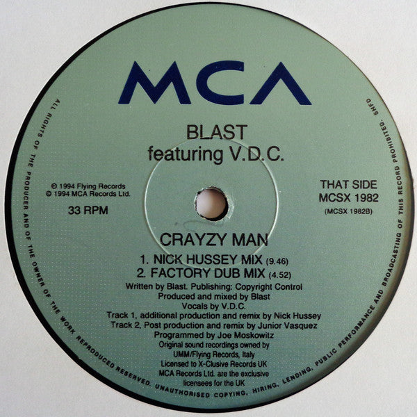 Blast Featuring V.D.C. : Crayzy Man (12" Remix) (12", Single)