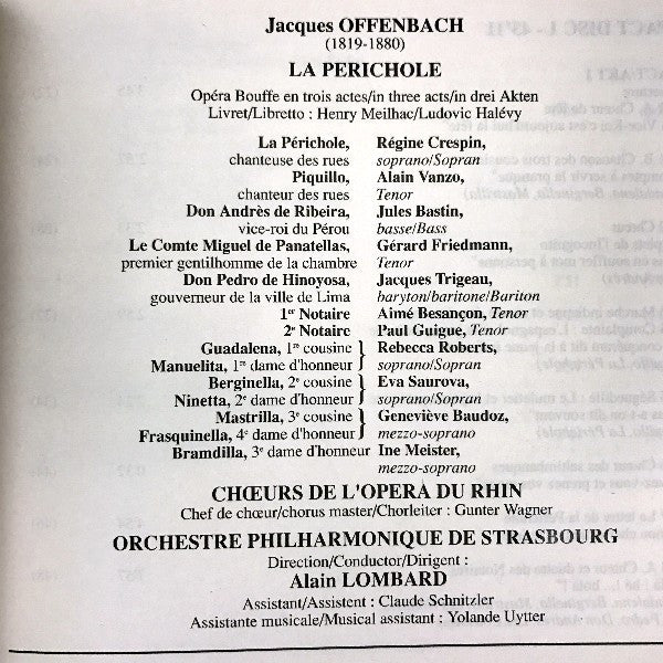 Jacques Offenbach - Régine Crespin, Alain Vanzo, Jules Bastin, Chœur de L'Opéra National Du Rhin, Orchestre Philharmonique De Strasbourg, Alain Lombard : La Périchole (2xCD, Album, RE, RM + Box, Sli)