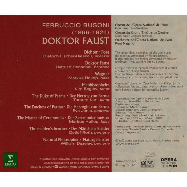 Ferruccio Busoni - Dietrich Henschel, Kim Begley, Markus Hollop, Eva Jenis, Torsten Kerl, Dietrich Fischer-Dieskau, Orchestre De L'Opéra De Lyon Et Chœurs De L'Opéra De Lyon, Kent Nagano : Doktor Faust (3xCD, Album + Box, Sli)