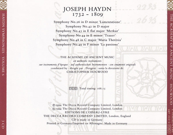 Joseph Haydn - The Academy Of Ancient Music, Christopher Hogwood : Symphonies C. 1768-1771 / 26 42 43 44 48 49 / Volume 6 (3xCD, Album + Box, Sli)