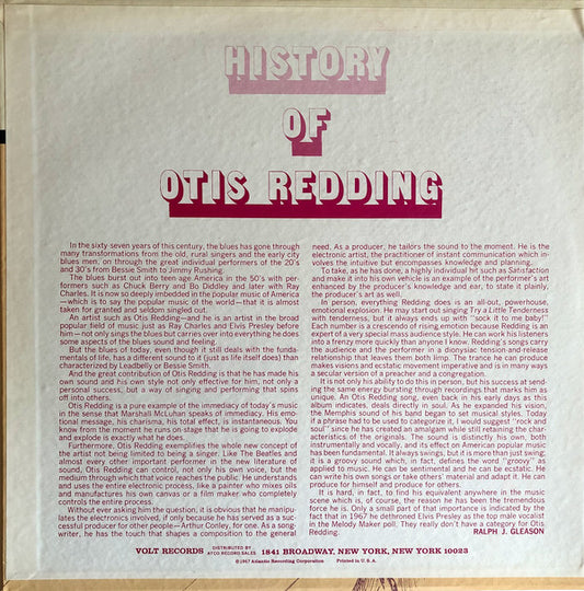 Otis Redding - History Of Otis Redding vinyl record, LP (Very Good Plus (VG+)) | Lulo Records
