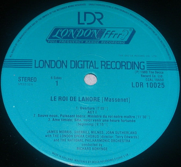 Jules Massenet - Joan Sutherland, Sherrill Milnes, Huguette Tourangeau, Nicolai Ghiaurov, Luis Lima, James Morris (5), National Philharmonic Orchestra, Richard Bonynge : Le Roi De Lahore (3xLP + Box)
