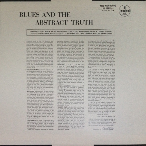 Bill Evans / Roy Haynes / Eric Dolphy / Oliver Nelson / Paul Chambers (3) / Freddie Hubbard : The Blues And The Abstract Truth (LP, Album, RE)