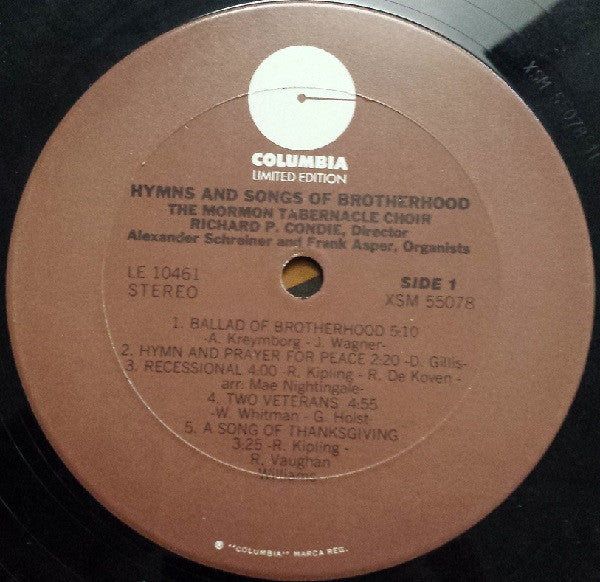 Mormon Tabernacle Choir : Hymns And Songs Of Brotherhood (LP, Ltd, RE)