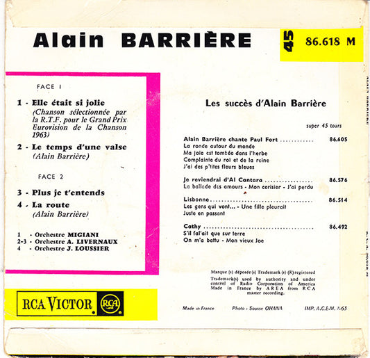 Alain Barrière : Elle Était Si Jolie (7", EP, Mono, RE, Jul)
