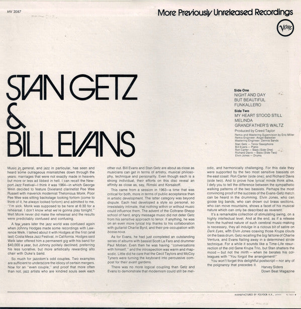 Stan Getz & Bill Evans : Previously Unreleased Recordings (LP, Album, Mono)