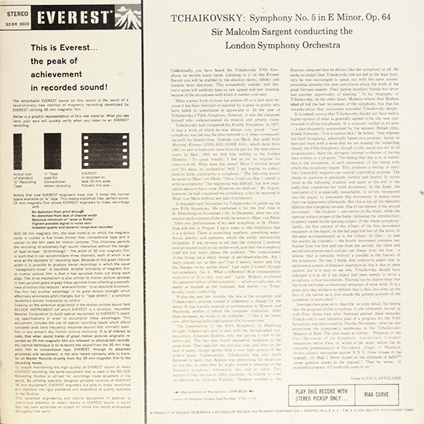 Pyotr Ilyich Tchaikovsky - London Symphony Orchestra, Sir Malcolm Sargent : Symphony No. 5, In E Minor, Opus 64 (LP, Album)