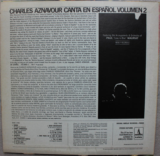 Charles Aznavour - Canta En Espanol Volumen 2 vinyl record, LP (Near Mint (NM or M-)) | Lulo Records