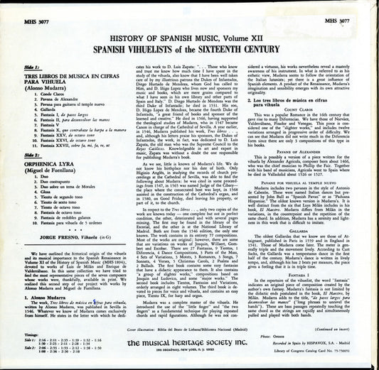 Alonso Mudarra, Miguel de Fuenllana - Jorge Fresno - History of Spanish Music, Volume XII: Spanish Vihuelists of the Sixteenth Century vinyl record, LP (Mint (M)) | Lulo Records