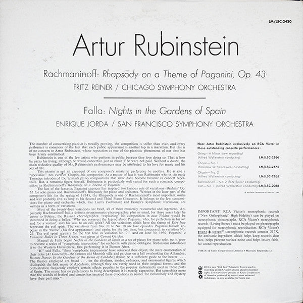 Sergei Vasilyevich Rachmaninoff, Arthur Rubinstein, Chicago Symphony Orchestra, Fritz Reiner, Manuel De Falla, San Francisco Symphony, Enrique Jordá : Rhapsody On A Theme Of Paganini / Nights In The Gardens Of Spain (LP, Album, RP, Ind)