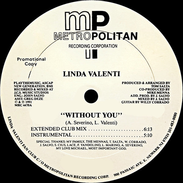 Linda Valenti : Without You (12", Promo)