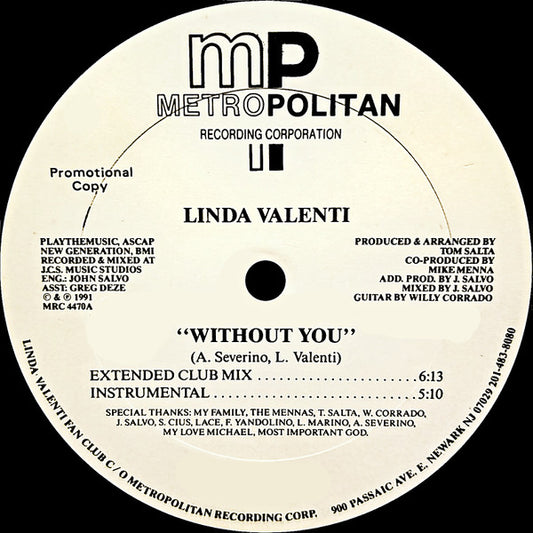 Linda Valenti : Without You (12", Promo)